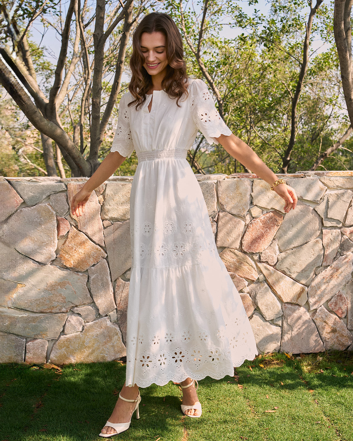 knee length dresses for ladies Women's Softly Spotted Polka Dot Lace Maxi Dress in White main image 0