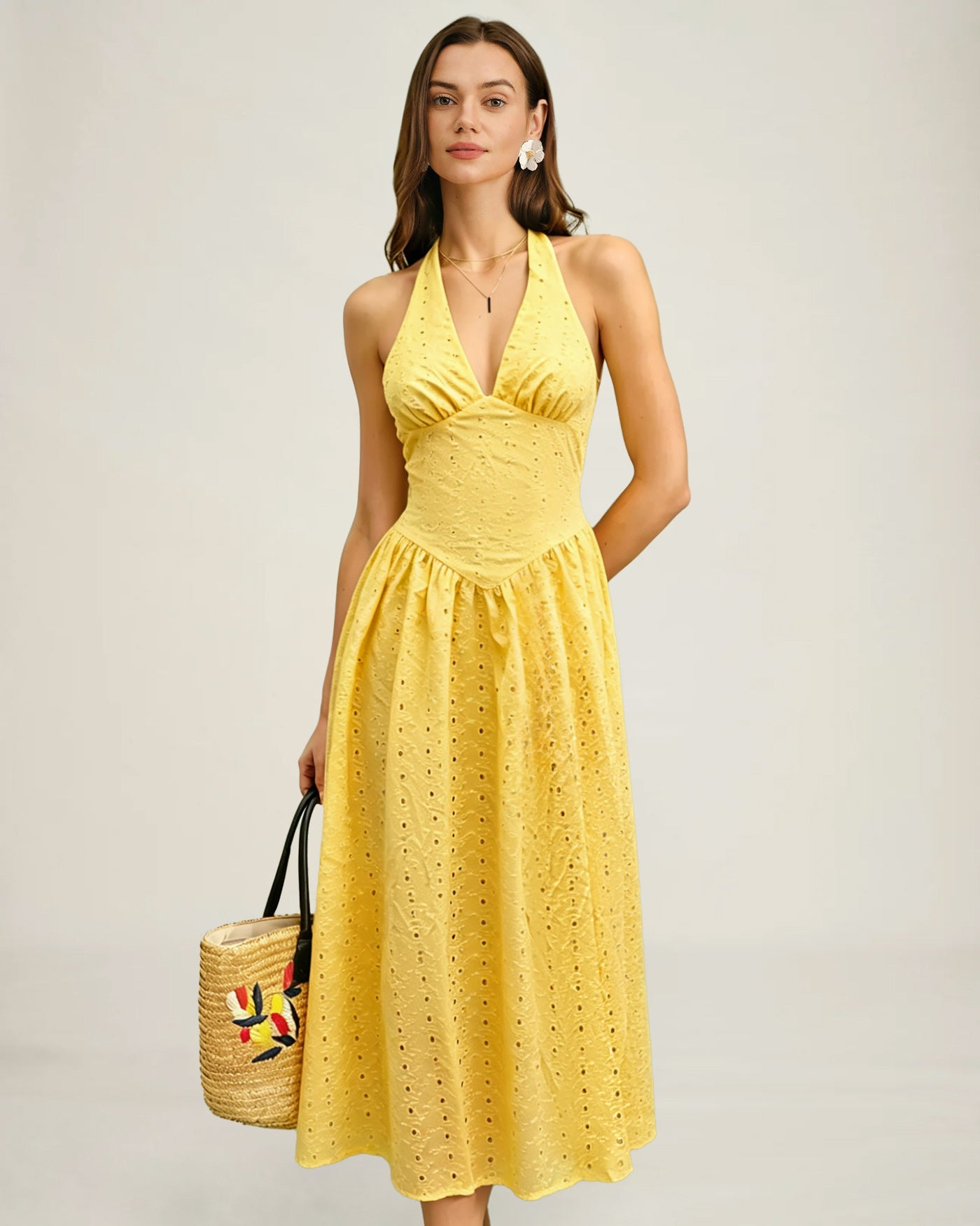 Rihoas Halter Cut Out Textured Maxi Dress for women, Yellow / US|6 Rihoas Halter Cut Out Textured Maxi Dress for women, Yellow / US|6