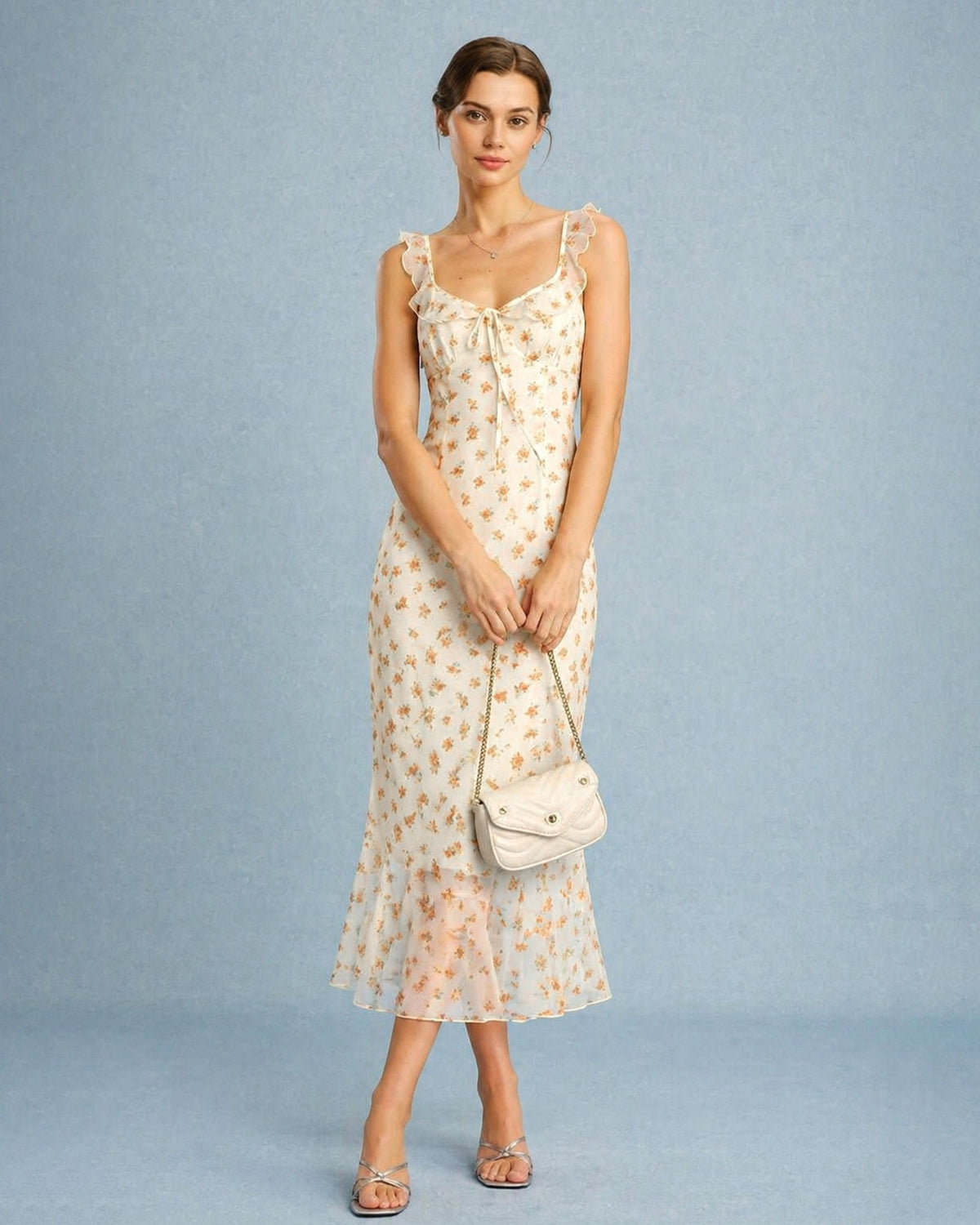 Apricot floral ruffle slip maxi dress for beach and vacation