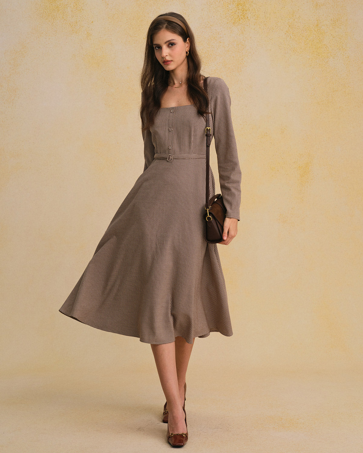 Rihoas Checkered Square Neck Midi Dress
