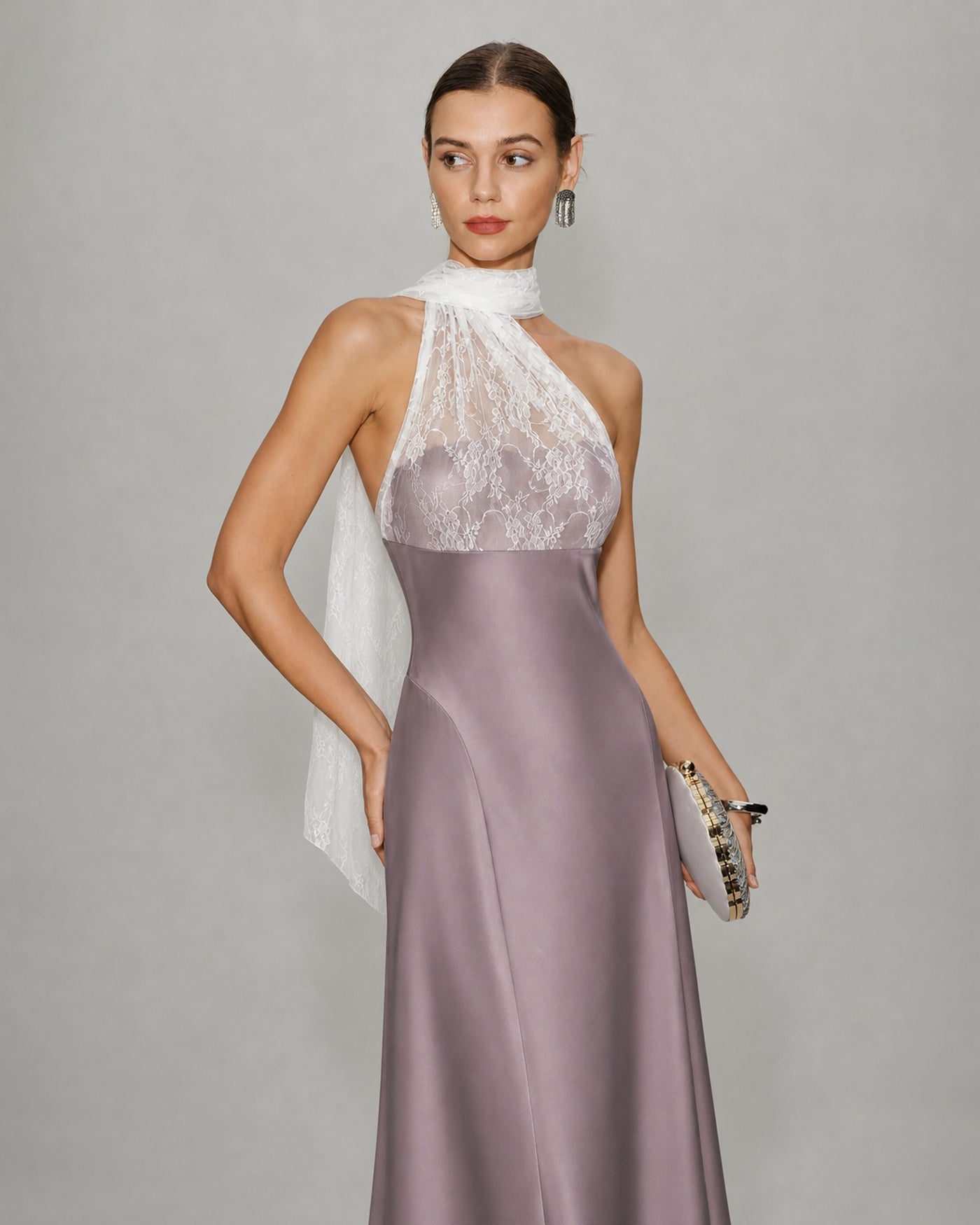 Rihoas Satin Lace Splicing One Shoulder Maxi Dress