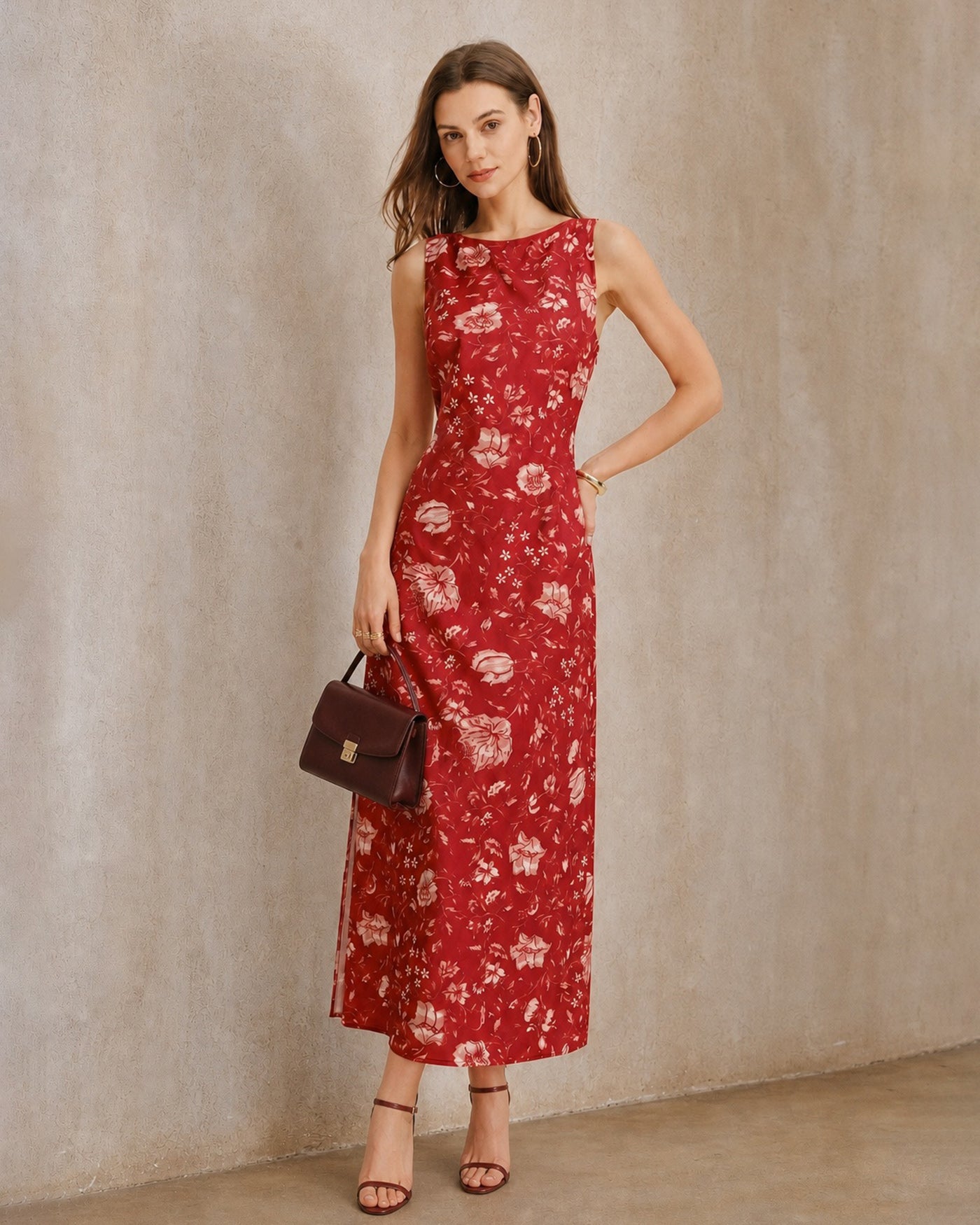 Red Boat Neck Floral Slit Maxi Dress & Reviews - Red - Dresses | RIHOAS Red Boat Neck Floral Slit Maxi Dress & Reviews - Red - Dresses | RIHOAS