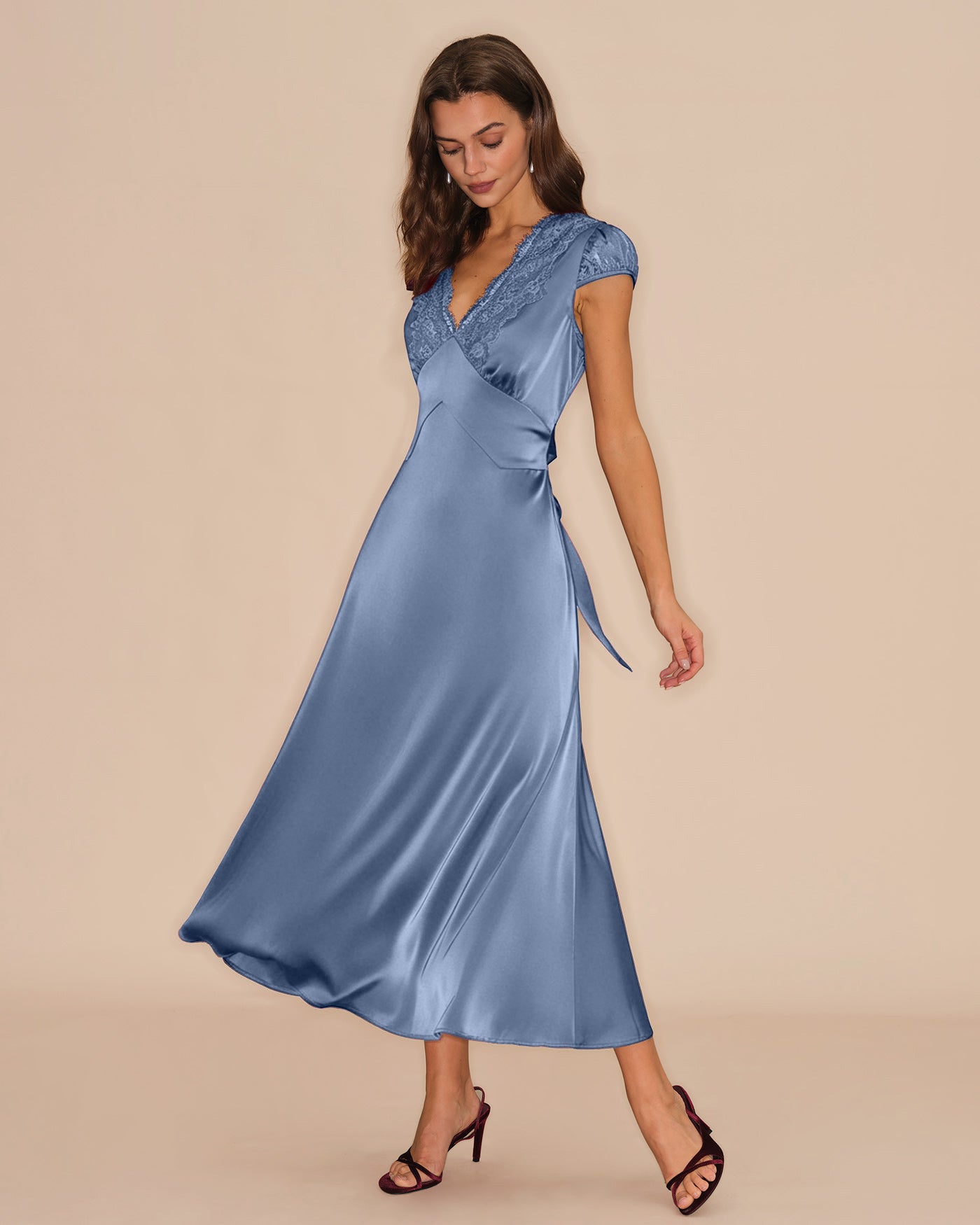 Blue V Neck Lace Tie Maxi Dress & Reviews - Blue - Dresses