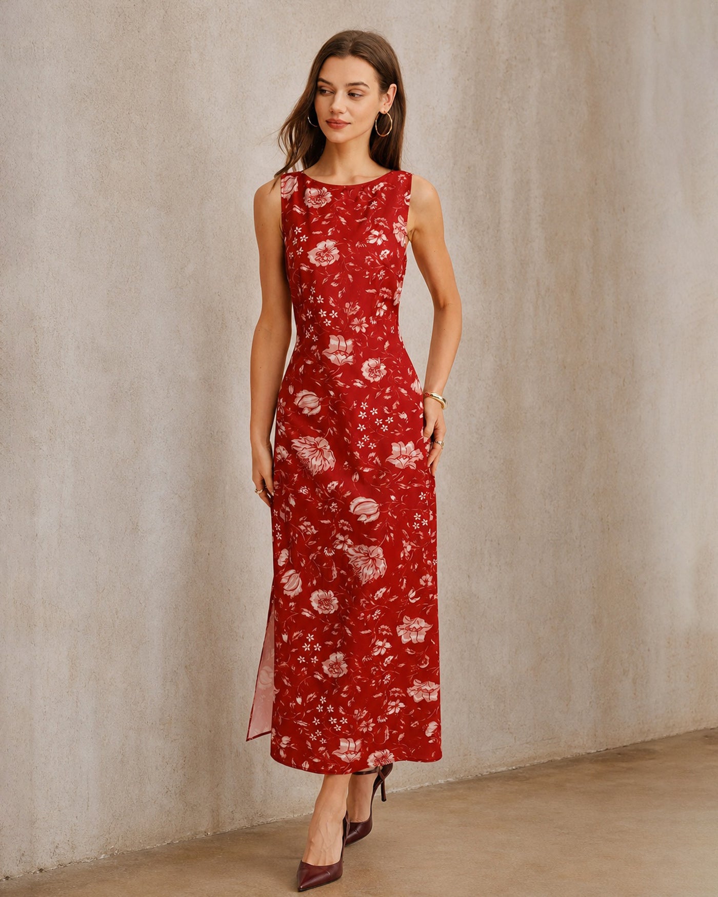 women maxi dress Red Boat Neck Floral Slit Maxi Dress & Reviews - Red - Dresses
