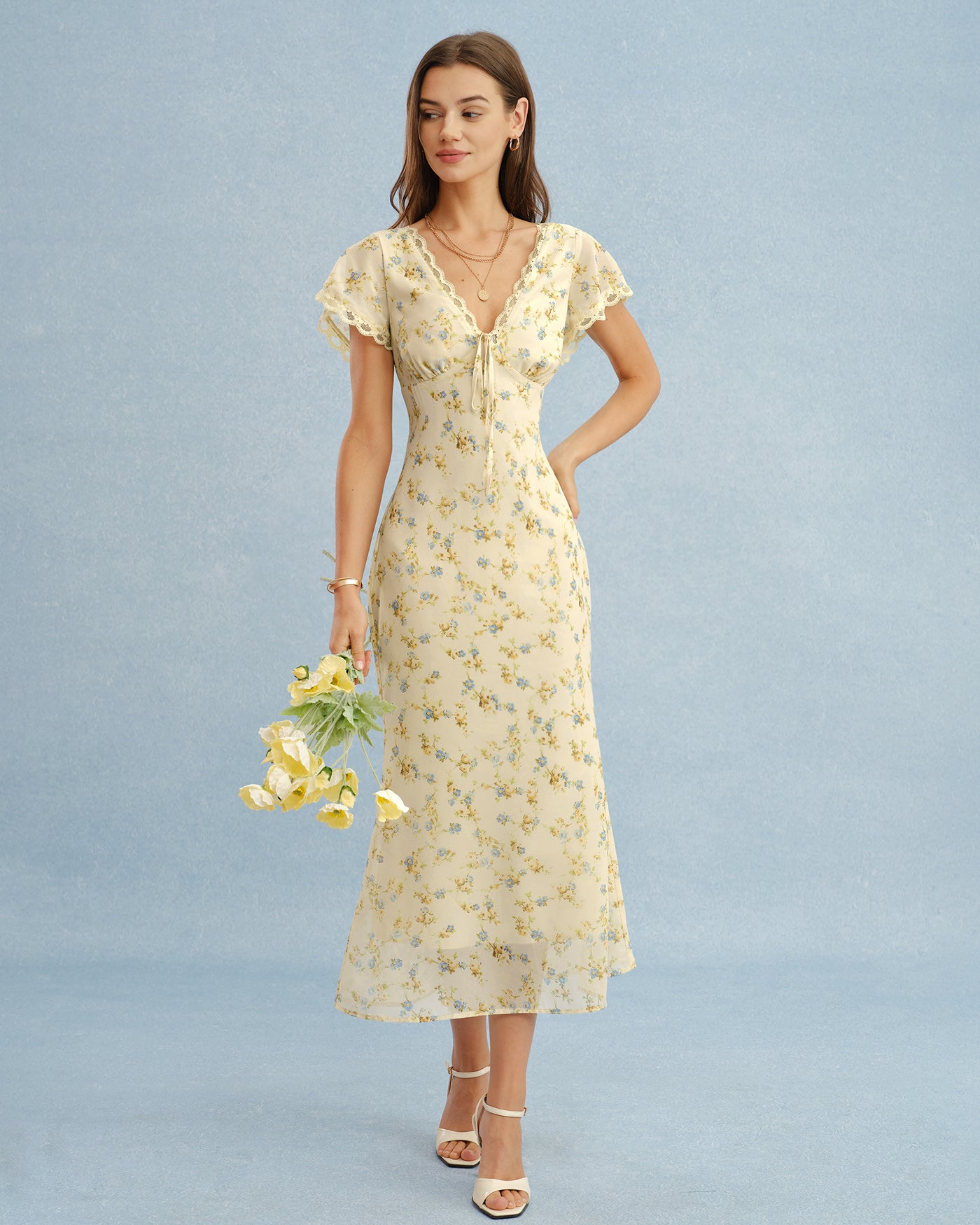 Yellow V Neck Lace Floral Maxi Dress Yellow V Neck Lace Floral Maxi Dress