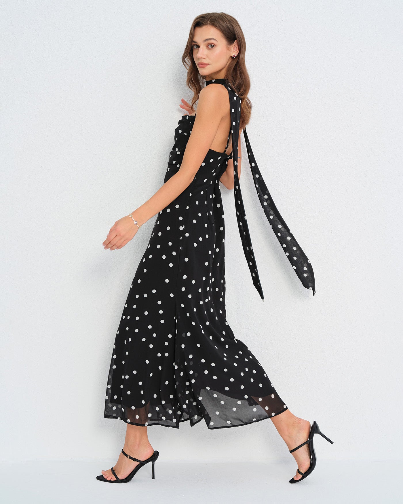 Rihoas French Chic Polka-Dot Ruched Bust Open-Back Maxi Dress with a Matching Scarf, Black / XL