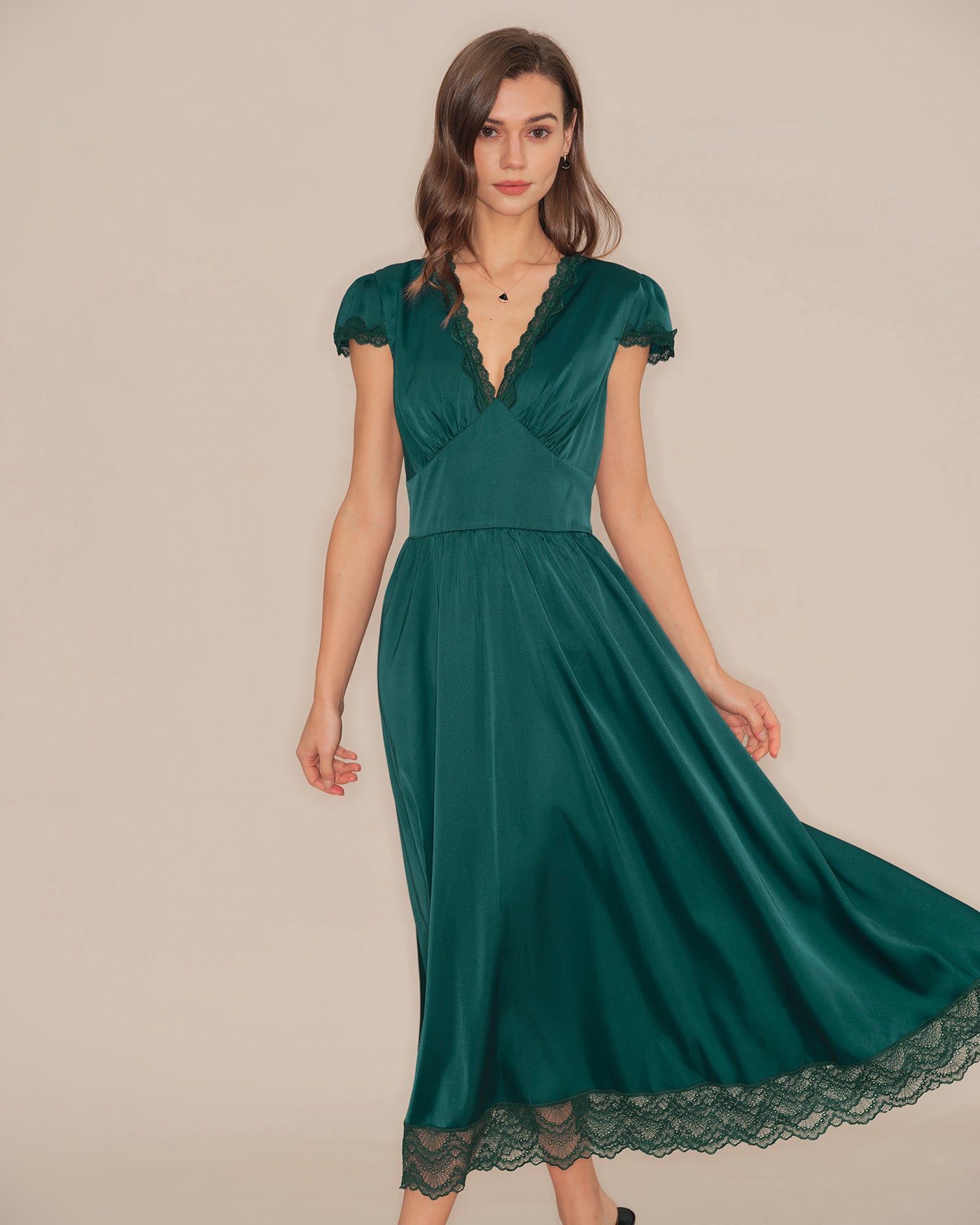 Rihoas Satin Lace Trim Maxi Dress | Cap Sleeve V-Neck Lace Hem for Wedding Guest, Evening, Formal, Green / M Rihoas Satin Lace Trim Maxi Dress | Cap Sleeve V-Neck Lace Hem for Wedding Guest, Evening, Formal, Green / M