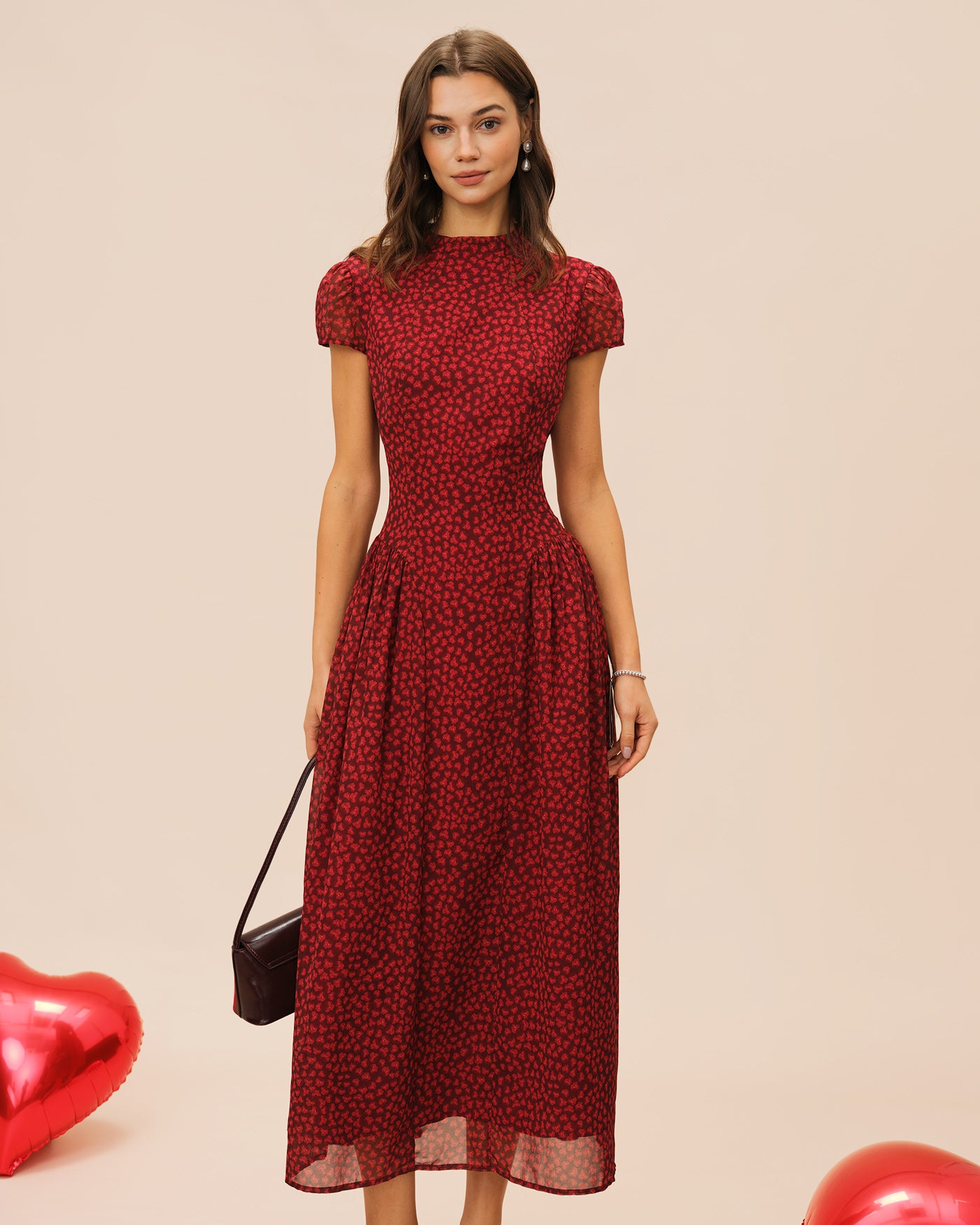 Rihoas Chiffon Floral Mock Neck Cap Sleeve Ruched A-Line Maxi Dress, Red / S