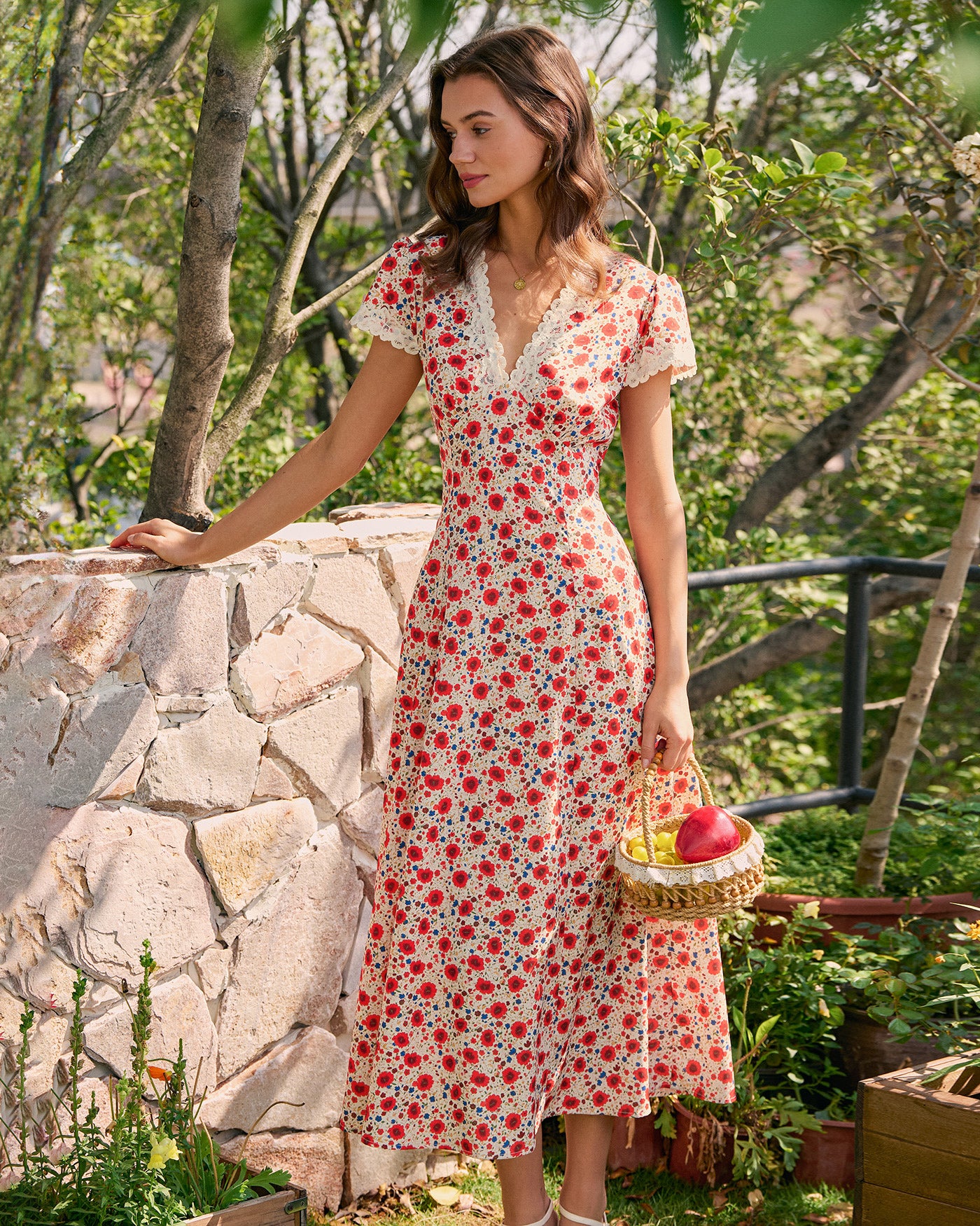 red and white floral dress Rihoas Elegant Short Sleeve Floral Lace Maxi Dress