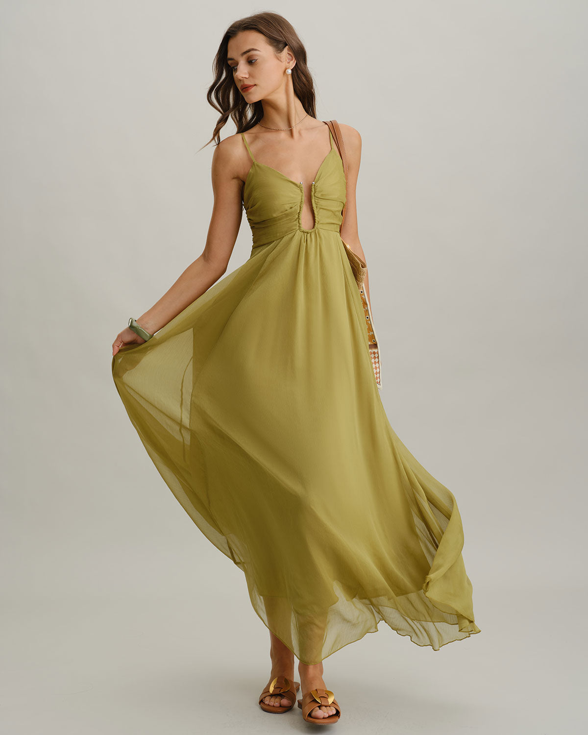 green ruched dress with ruffle Deep green Sasha Ruched Maxi Dress with cowl neckline Rihoas Plunging V Neck Spaghetti
