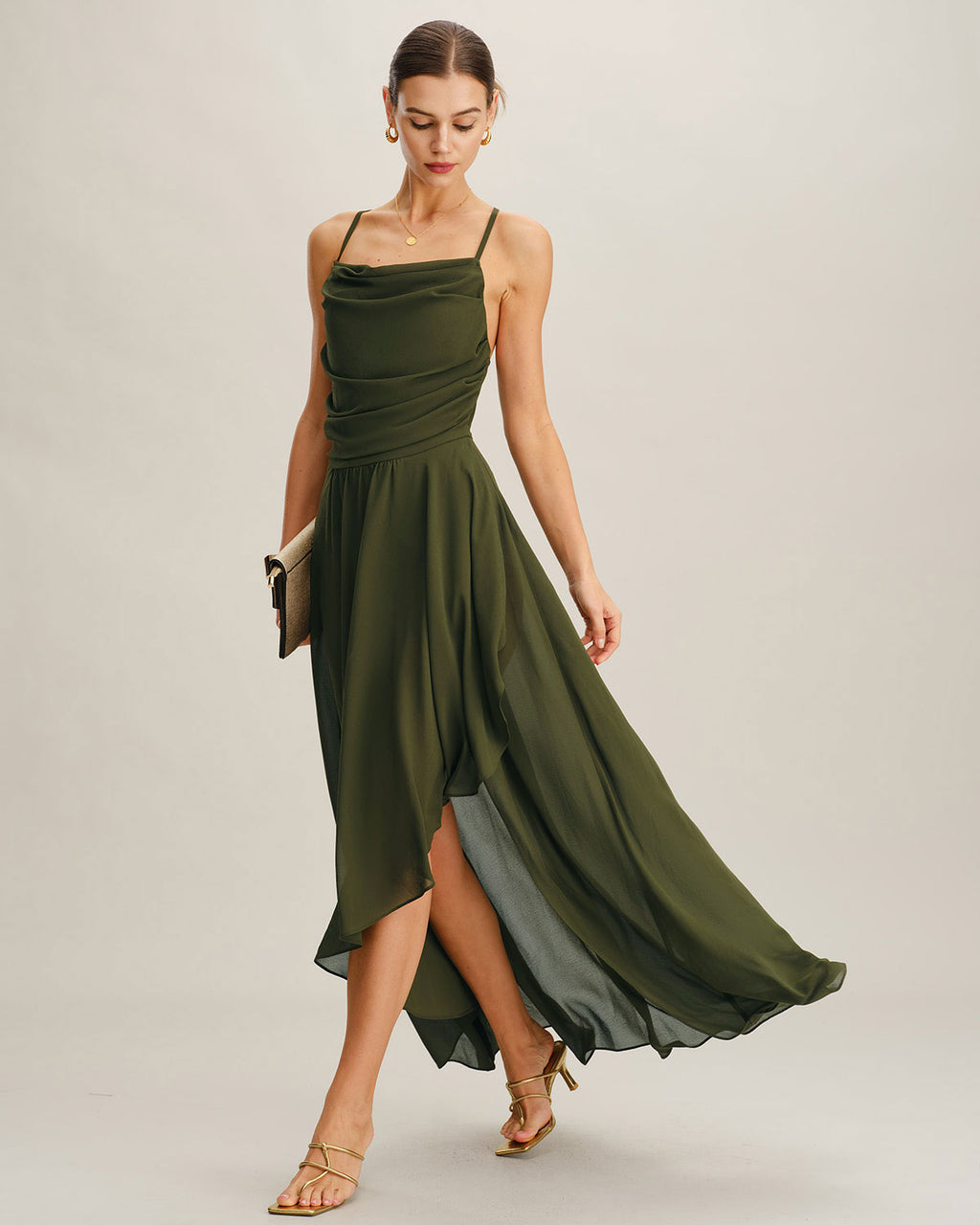 Women's Woven Polyester Maxi Dress Green Dresses - RIHOAS