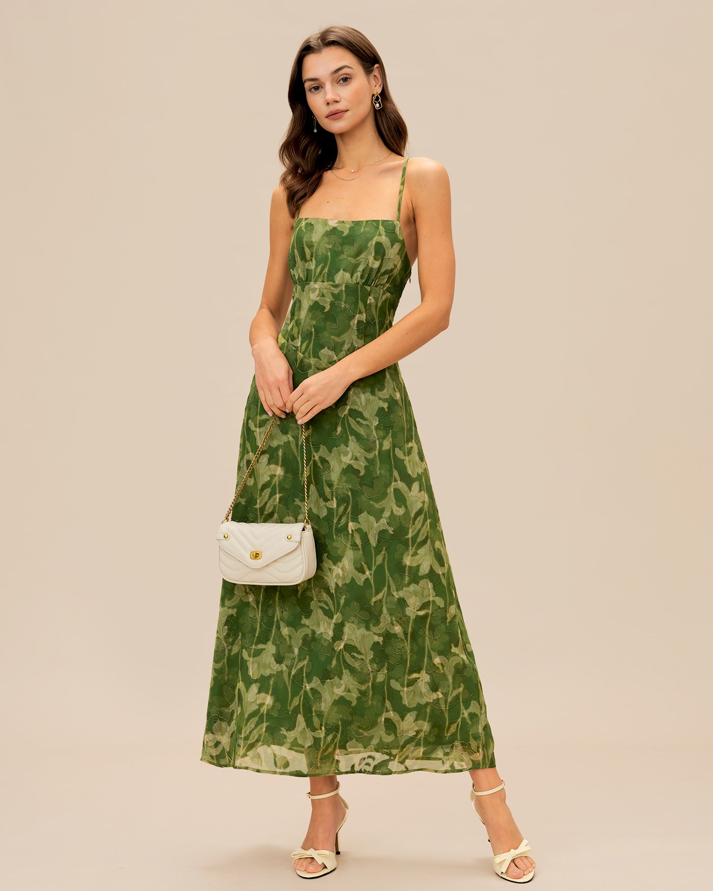 Rihoas X-Cross Back Floral Jacquard Square-Neck Midi Slip Dress, Green / M