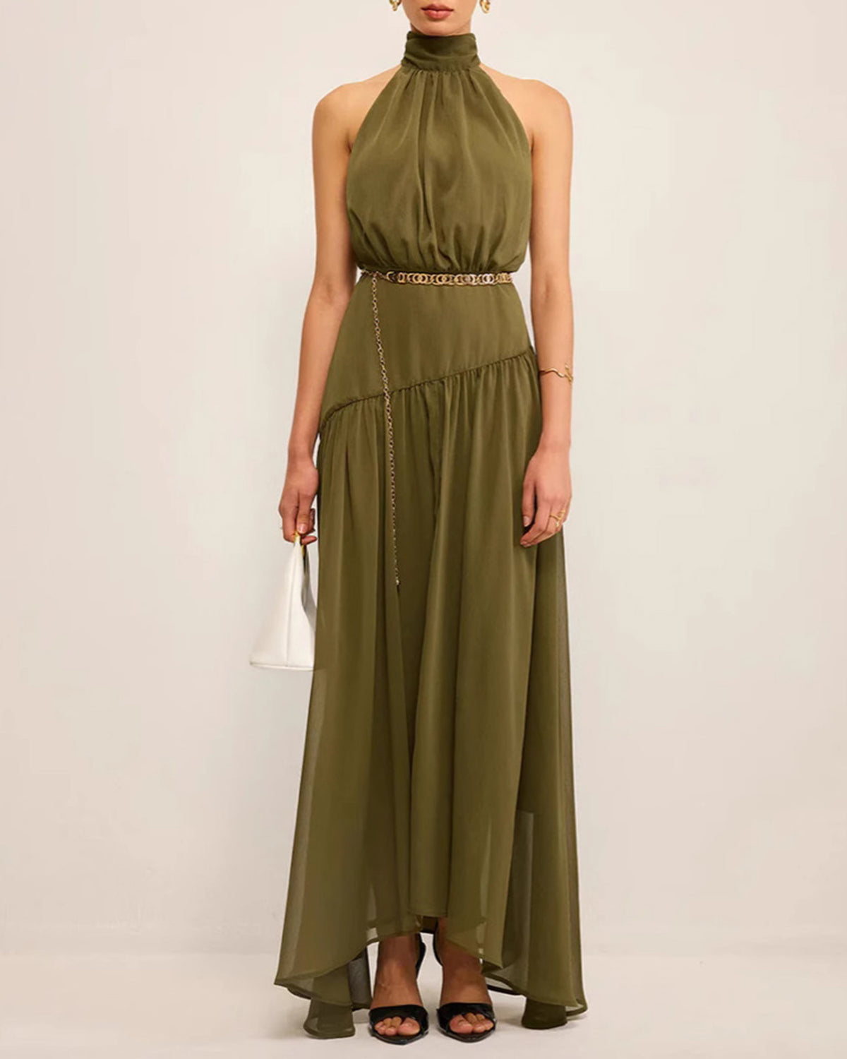 Women's Woven Polyester Maxi Dress Green Dresses - RIHOAS