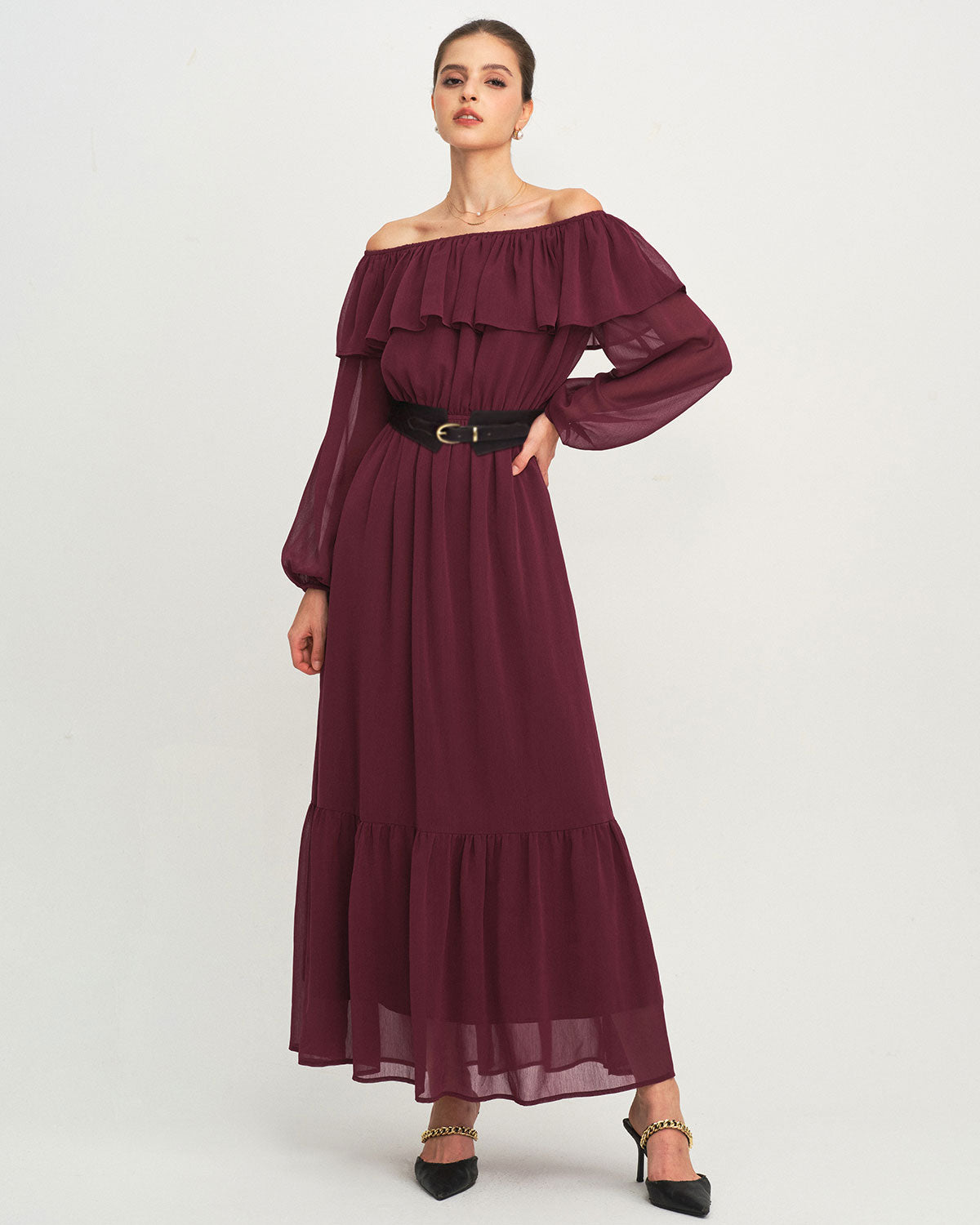 Wine Red Boat Neck Ruffle Maxi Dress & Reviews - Maroon - Dresses Wine Red Boat Neck Ruffle Maxi Dress & Reviews - Maroon - Dresses