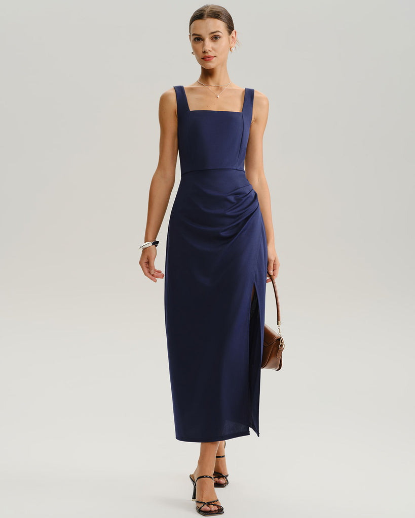 Women's Woven Polyester Maxi Dress Navy Dresses - RIHOAS