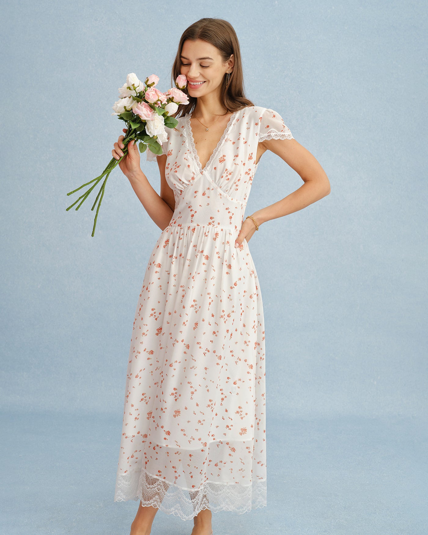 Off White V Neck Lace Floral Maxi Dress