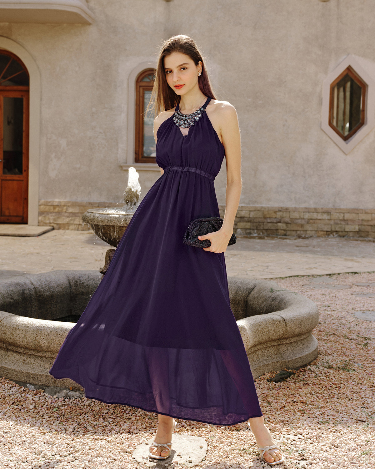 Women's Woven Polyester Maxi Dress Purple Dresses - RIHOAS
