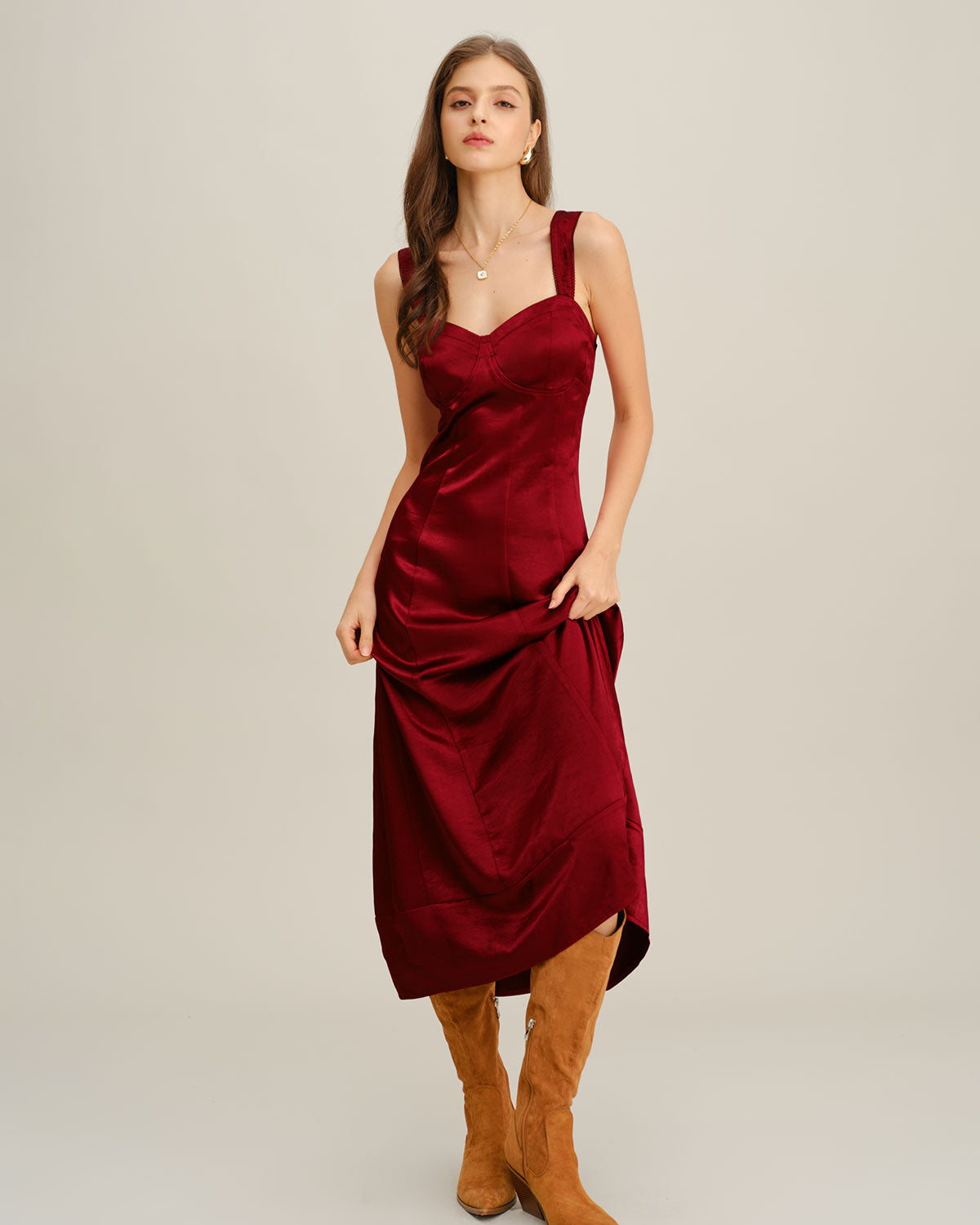 Women's Woven Polyester Maxi Dress Red Dresses - RIHOAS