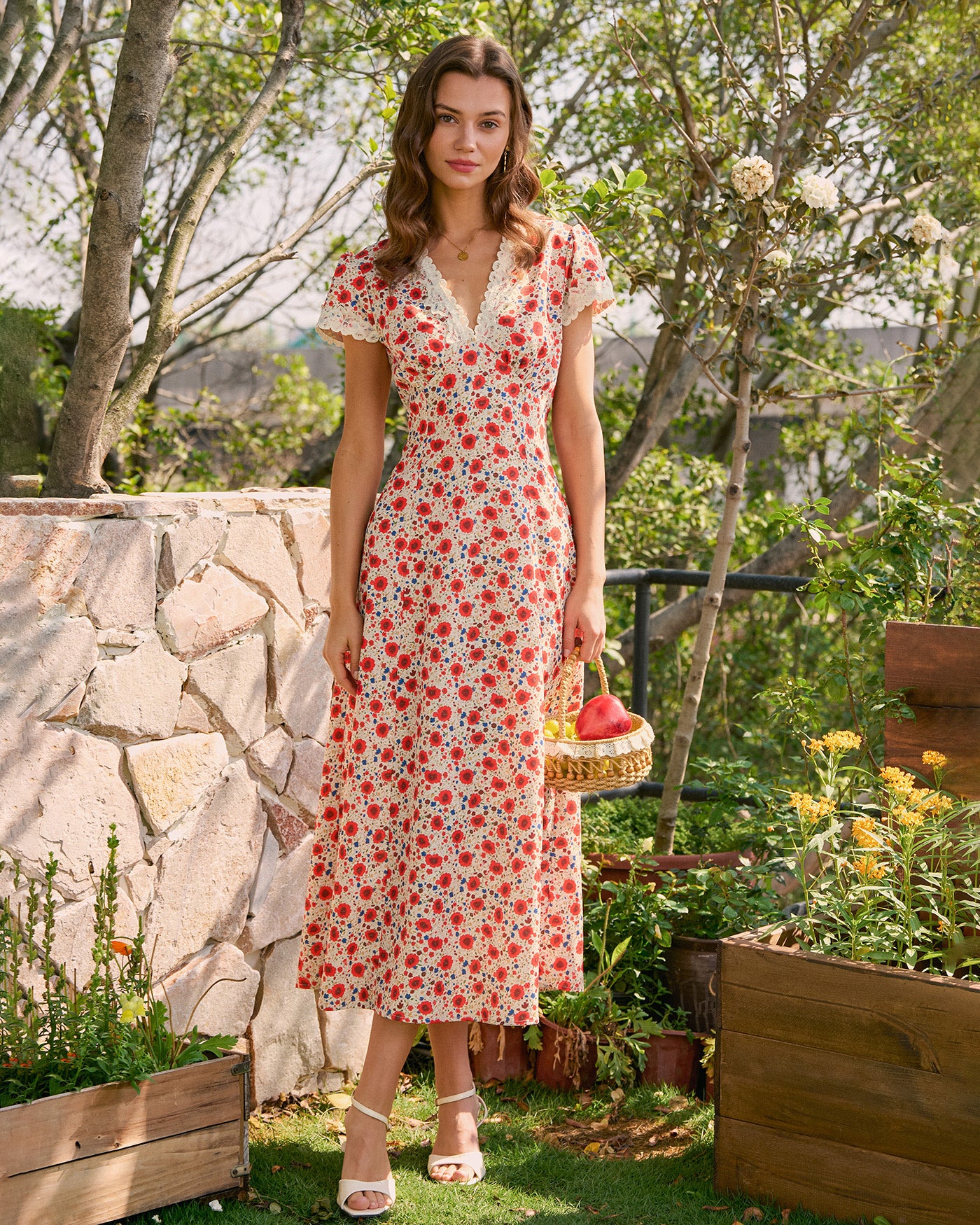 Rihoas Elegant Short Sleeve Floral Lace Maxi Dress