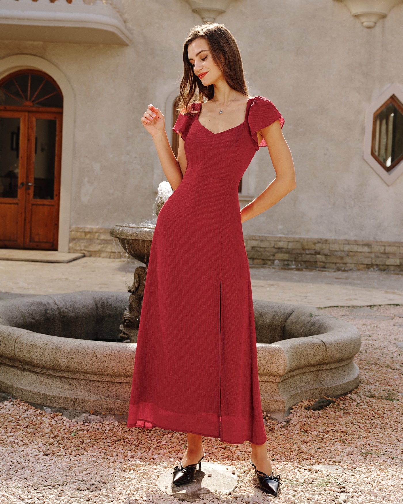 Rihoas Jacquard Sweetheart Neck Maxi Dress | Flutter Sleeve Slit Dress for Formal, Wedding Guest, Evening Party, Red / XL Rihoas Jacquard Sweetheart Neck Maxi Dress | Flutter Sleeve Slit Dress for Formal, Wedding Guest, Evening Party, Red / XL