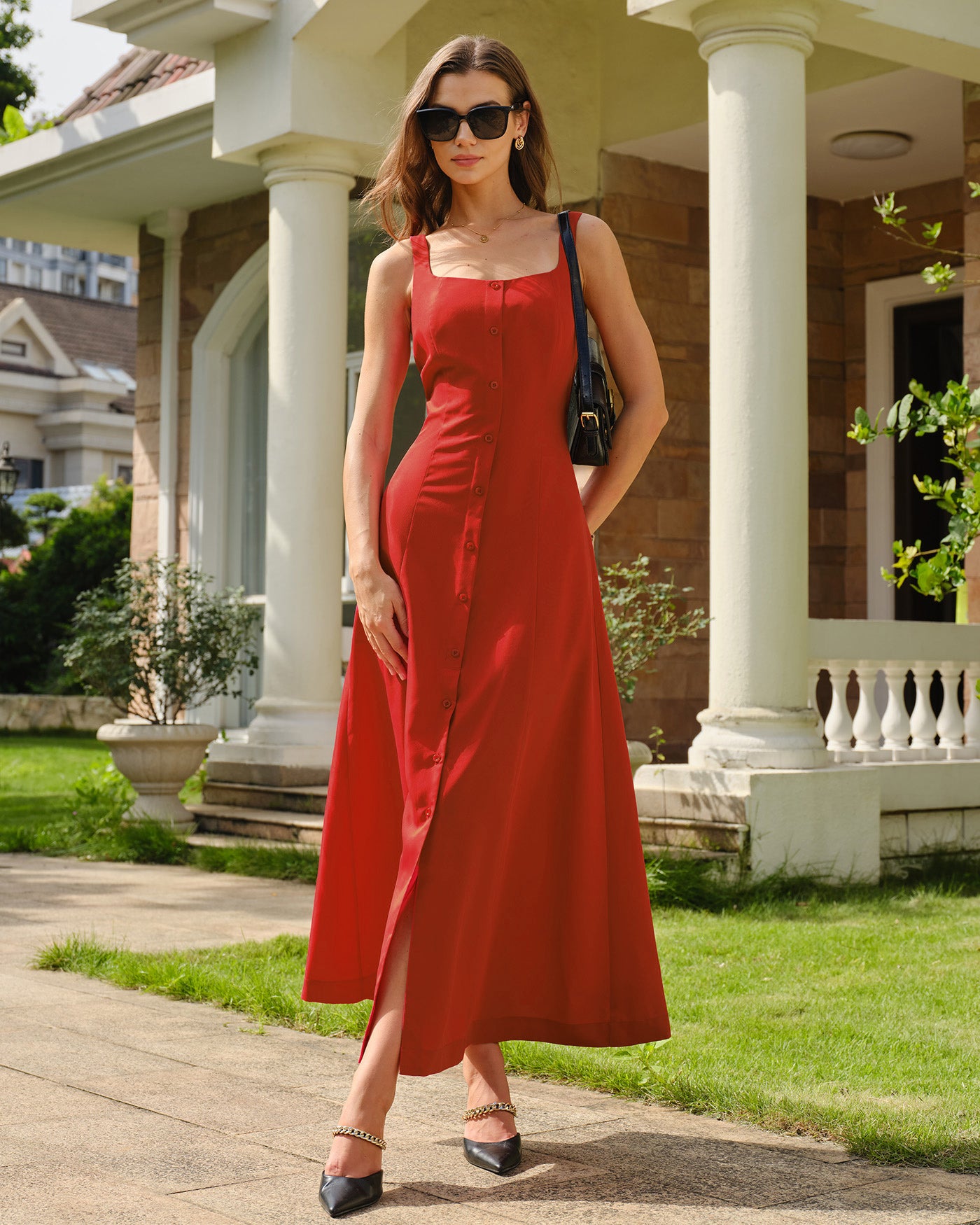 Women's Woven Polyester Maxi Dress Red Dresses - RIHOAS