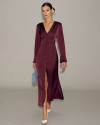 Women's Woven Polyester Maxi Dress Wine Red Dresses - RIHOAS