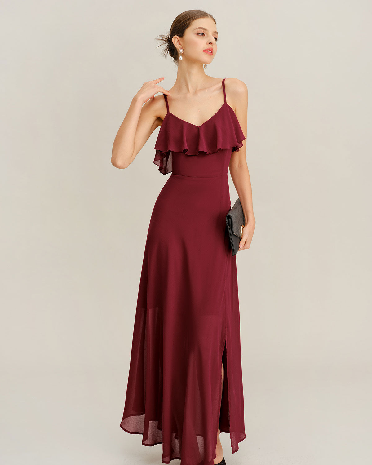 Women's Woven Polyester Maxi Dress Wine Red Dresses - RIHOAS
