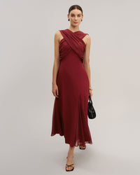 Women's Woven Polyester Maxi Dress Wine Red Dresses - RIHOAS