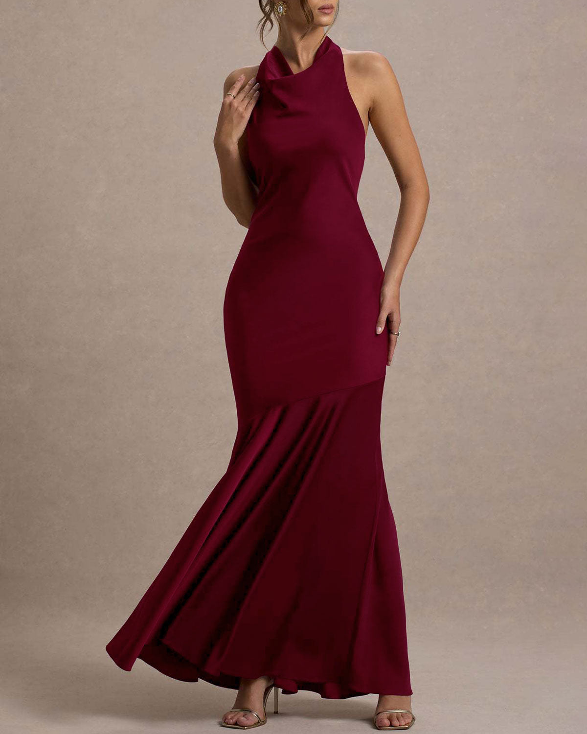 Women's Woven Polyester Maxi Dress Wine Red Dresses - RIHOAS