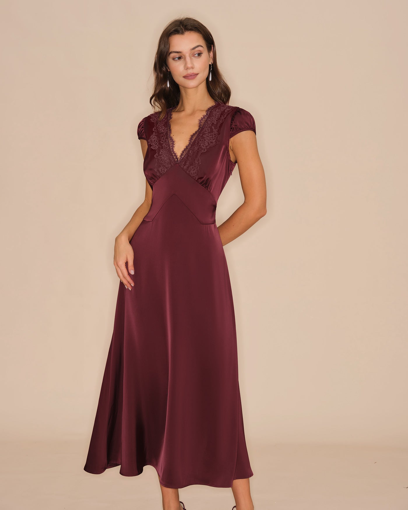Wine Red V Neck Lace Maxi Dress Wine Red V Neck Lace Maxi Dress