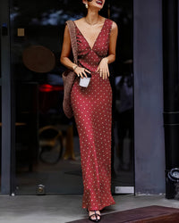 Women's Woven Polyester Maxi Dress Wine Red Dresses - RIHOAS