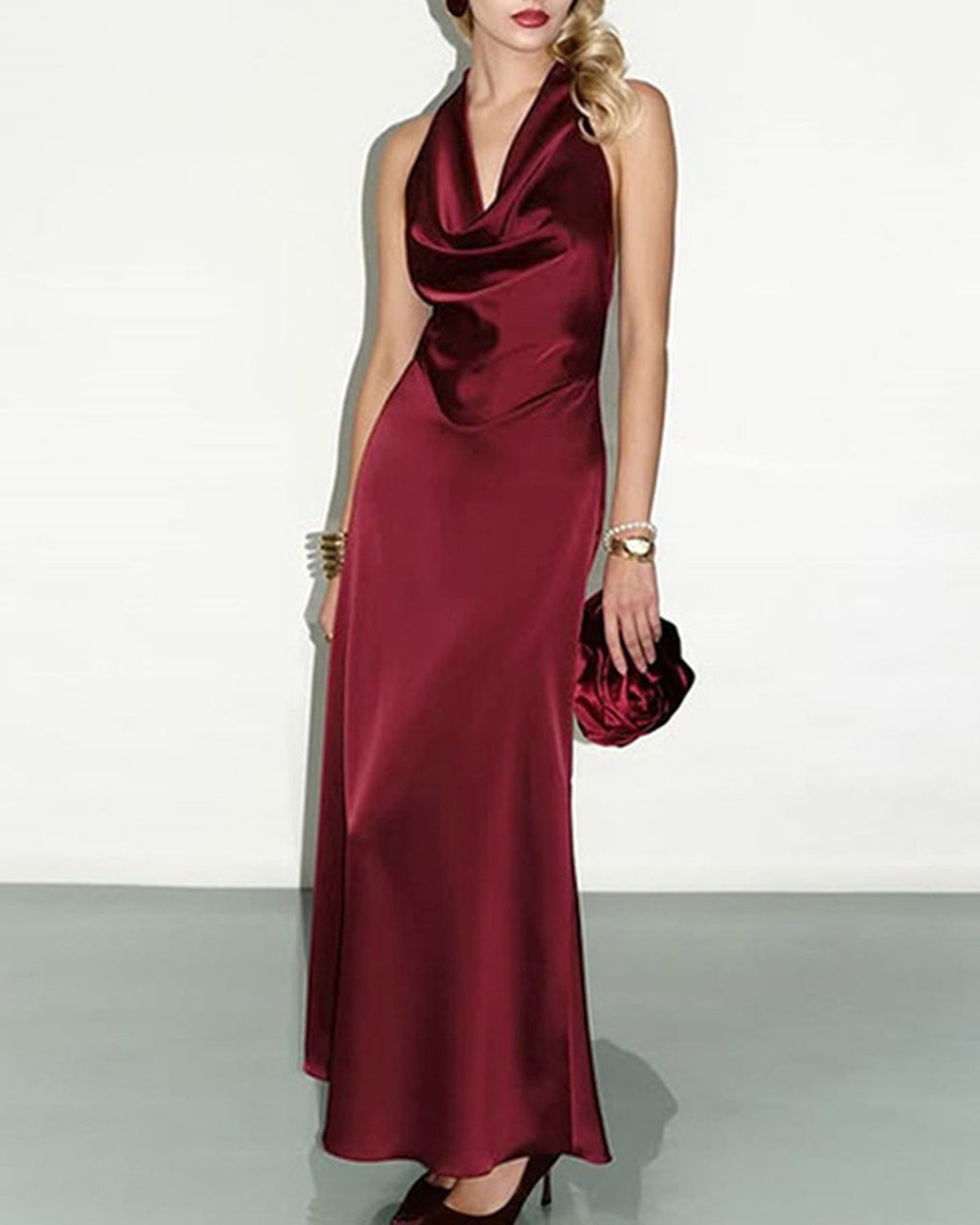 Women's Woven Polyester Maxi Dress Wine Red Dresses - RIHOAS