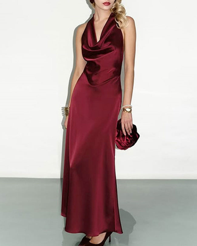 Women's Woven Polyester Maxi Dress Wine Red Dresses - RIHOAS