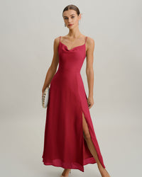 Women's Woven Polyester Maxi Dress Wine Red Dresses - RIHOAS
