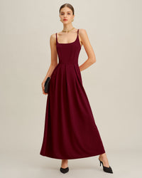 Rihoas Elegant Pleated Maxi Dress Square Neck A-Line Dress For Wedding Guest, Holiday Party, Evening Party, Wine Red / S Rihoas Elegant Pleated Maxi Dress Square Neck A-Line Dress For Wedding Guest, Holiday Party, Evening Party, Wine Red / S