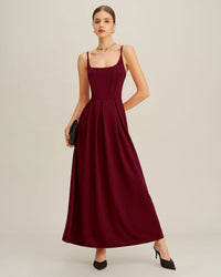 Women's Woven Polyester Maxi Dress Wine Red Dresses - RIHOAS