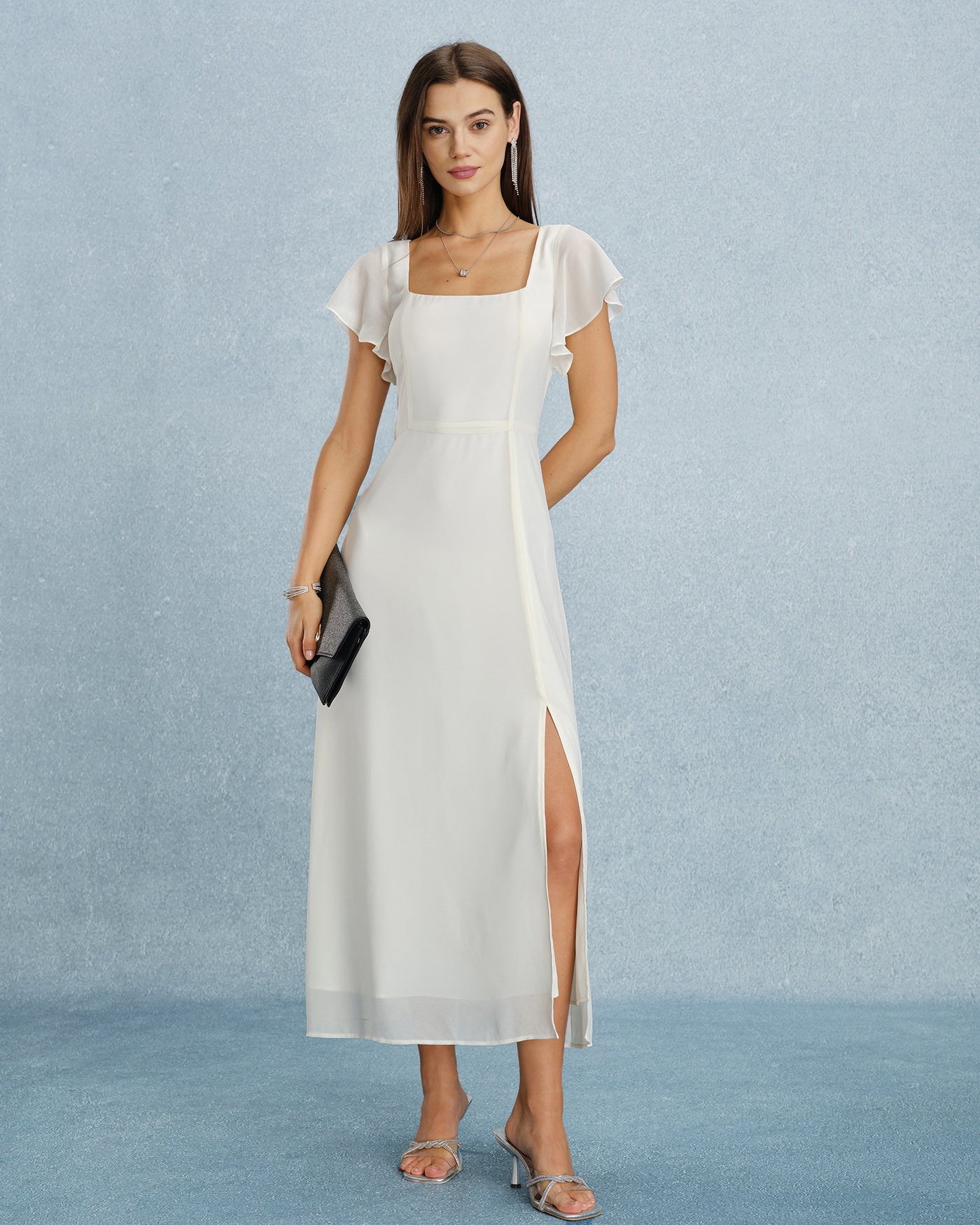Rihoas Square Neck Flutter Sleeve Solid Open Back Tie Back Slit A-Line Maxi Dress, Beige / S