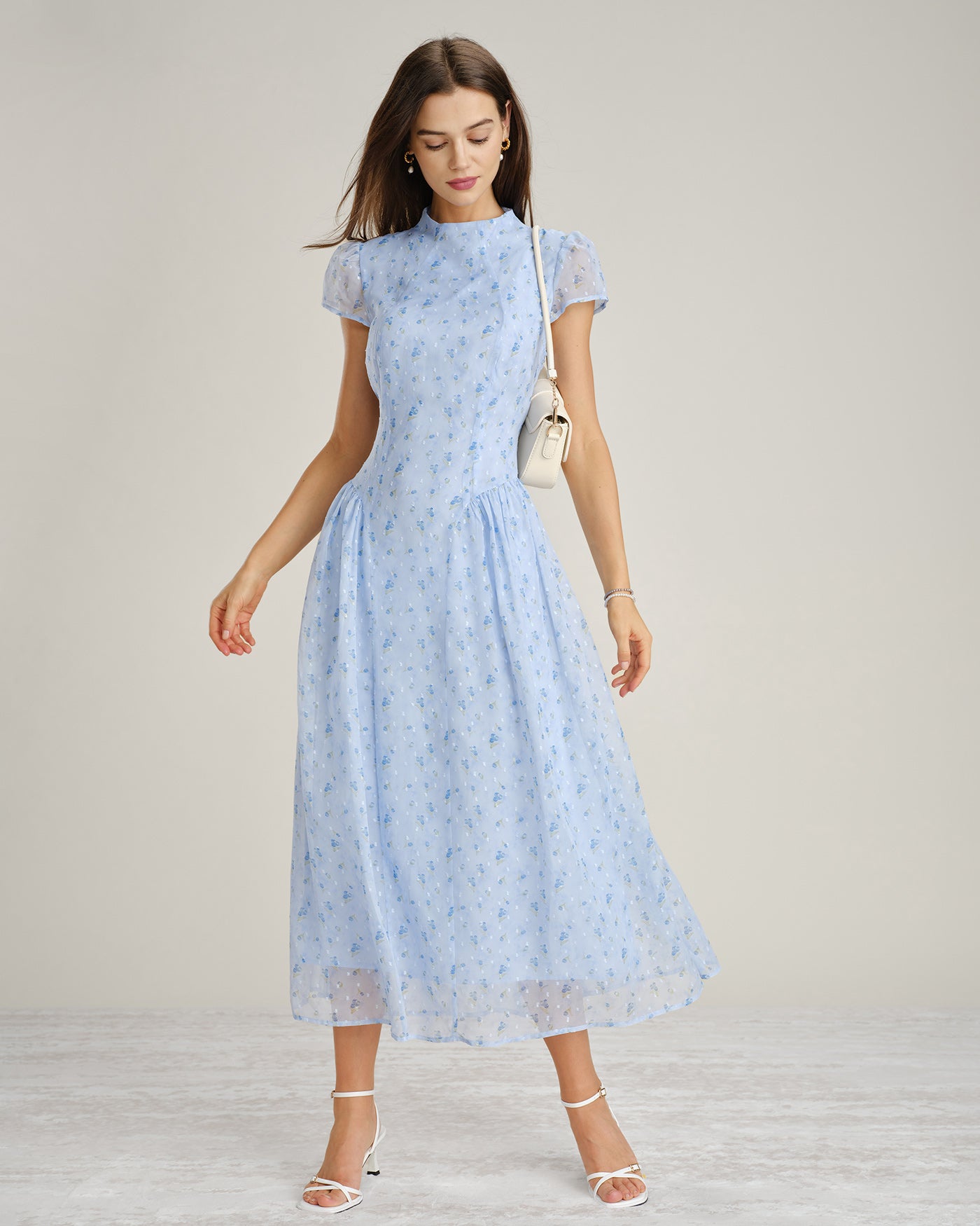 Blue Mock Neck Floral Chiffon Maxi Dress & Reviews - Blue - Dresses