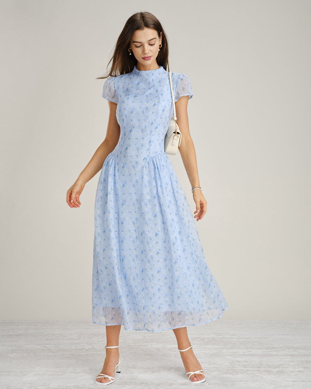 Blue mock neck floral chiffon maxi dress for daytime wedding guest color safety