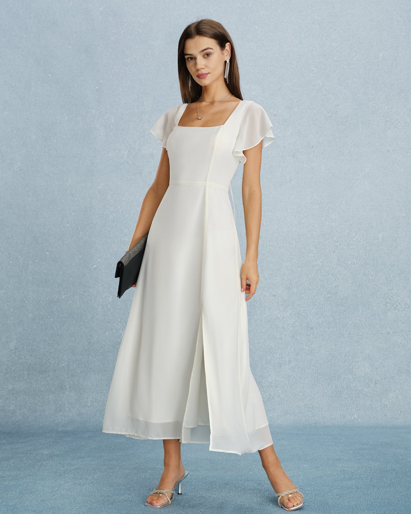 Rihoas Square Neck Flutter Sleeve Solid Open Back Tie Back Slit A-Line Maxi Dress, Beige / S