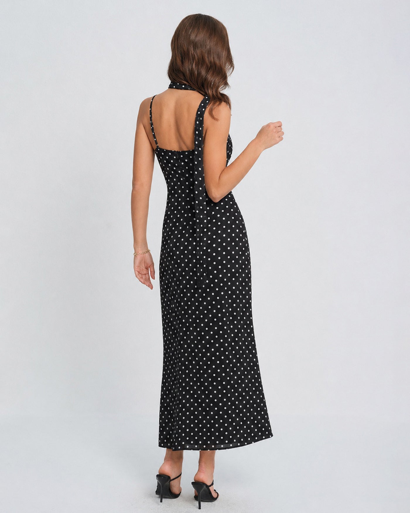 black polka dot maxi dress Rihoas Pol-ka Dot Scarf Neck Midi Dress