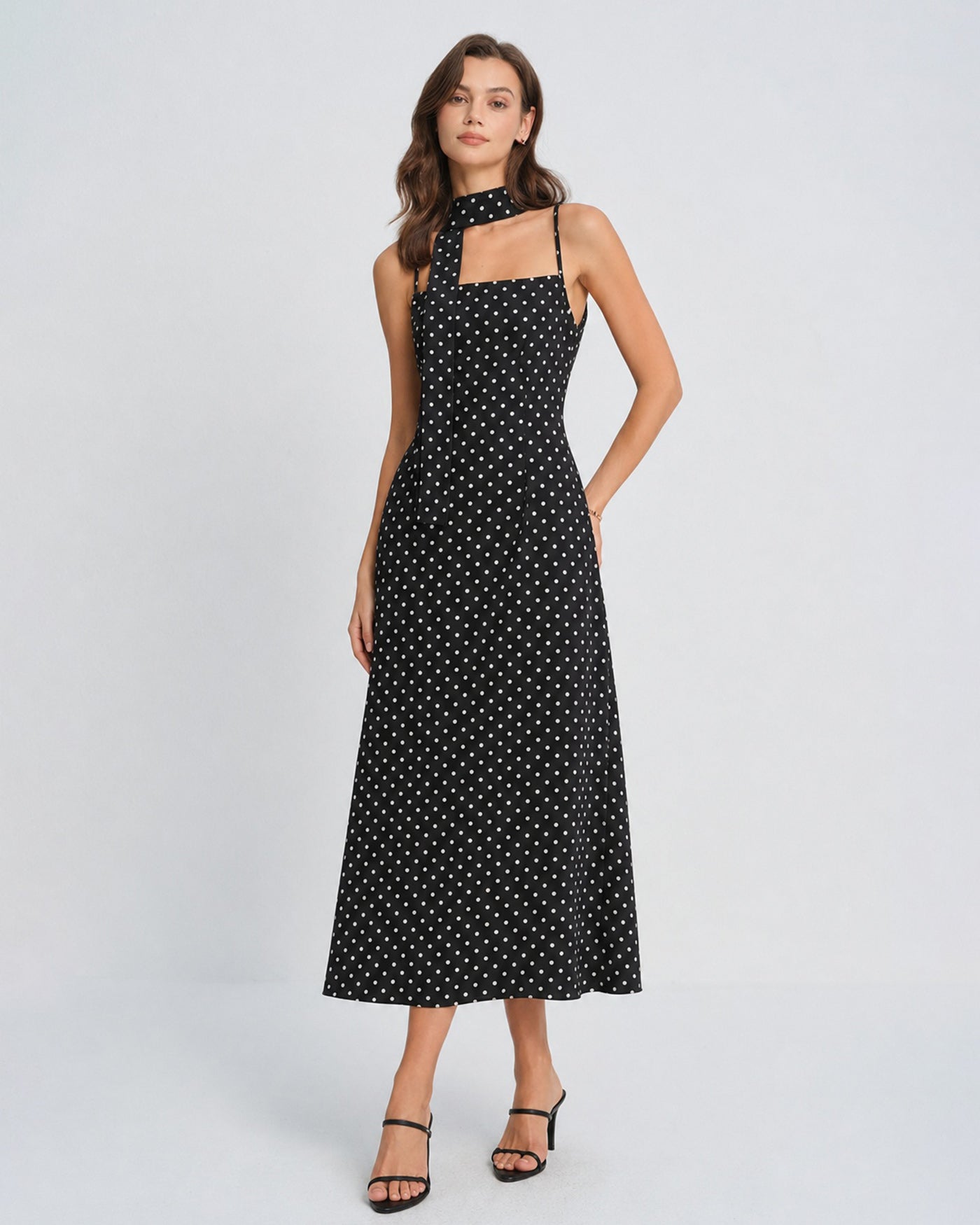 Rihoas Pol-ka Dot Scarf Neck Midi Dress | Elegant Square Neck & Spaghetti Straps for Cocktail Party, Black / L