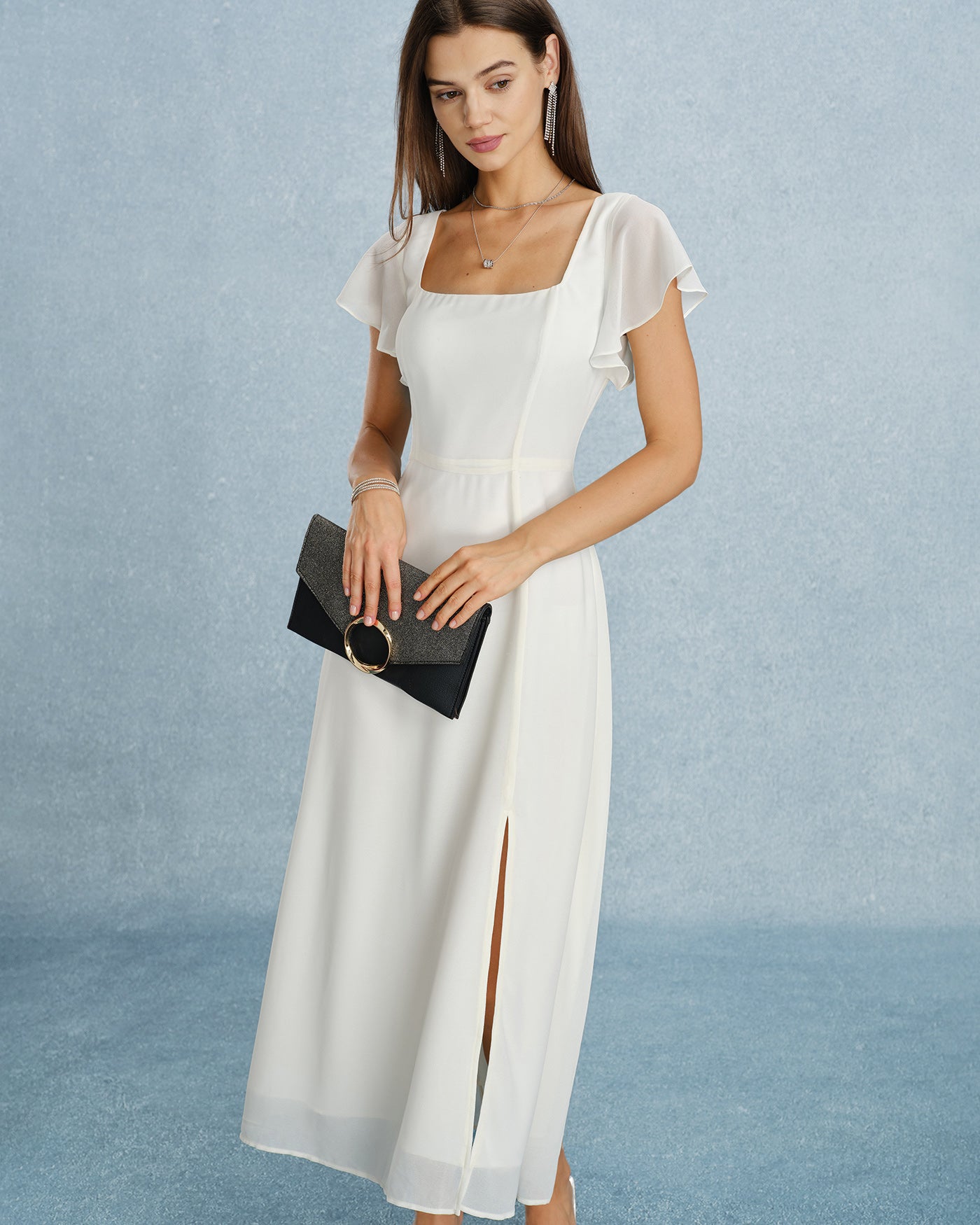 maxi dress square neckline Beige Square Neck Slit Chiffon Maxi Dress & Reviews - Beige - Dresses