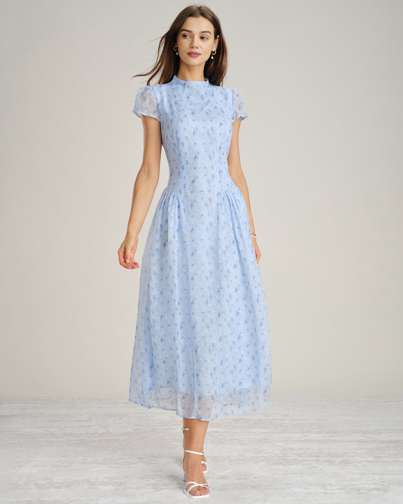 Blue Mock Neck Floral Chiffon Maxi Dress & Reviews - Blue - Dresses