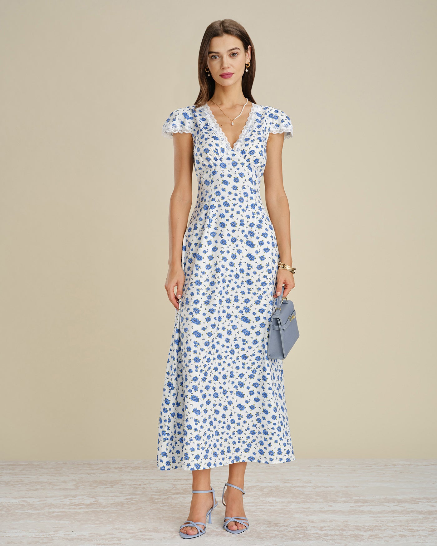 Blue Cap Sleeve Lace Floral Maxi Dress & Reviews - Blue - Dresses