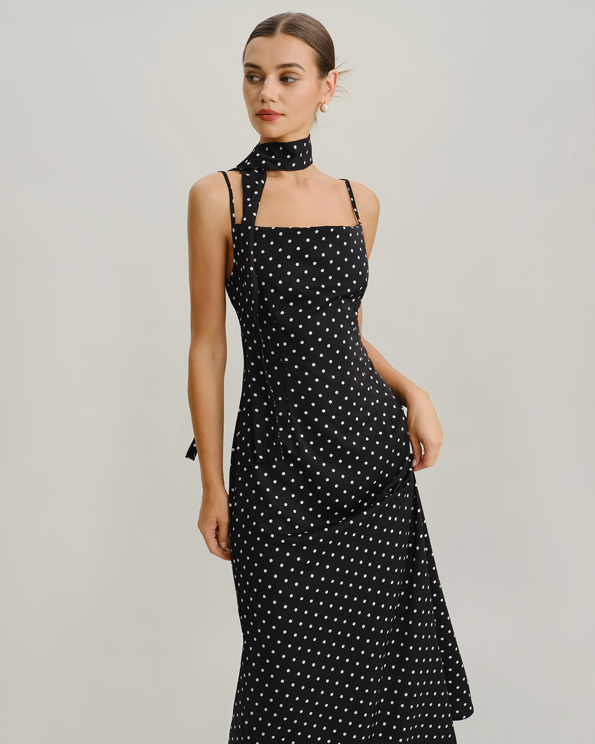 Black Polka Dot Cowl Neck Slip Dress | 90s Style Maxi