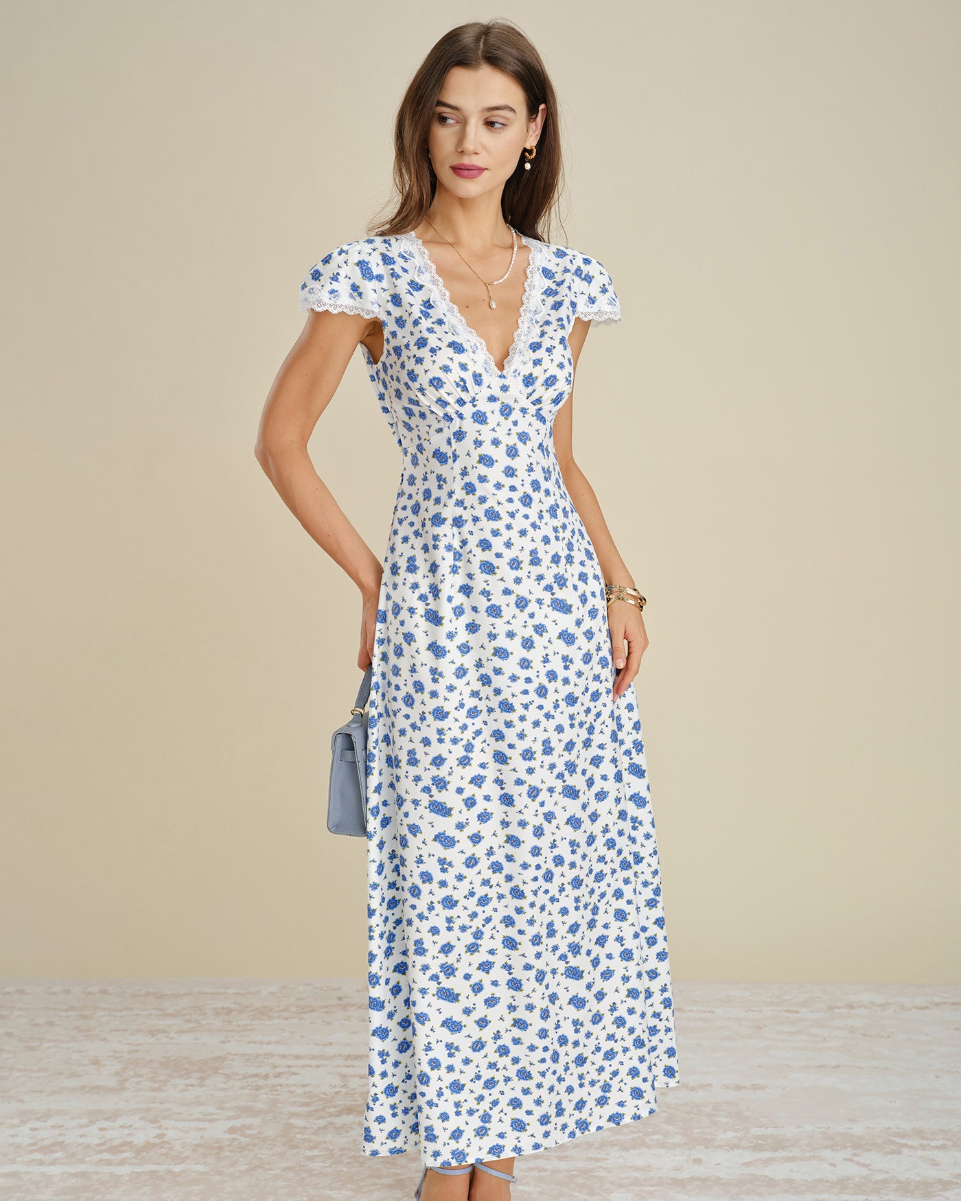 Blue Cap Sleeve Lace Floral Maxi Dress & Reviews - Blue - Dresses | RIHOAS