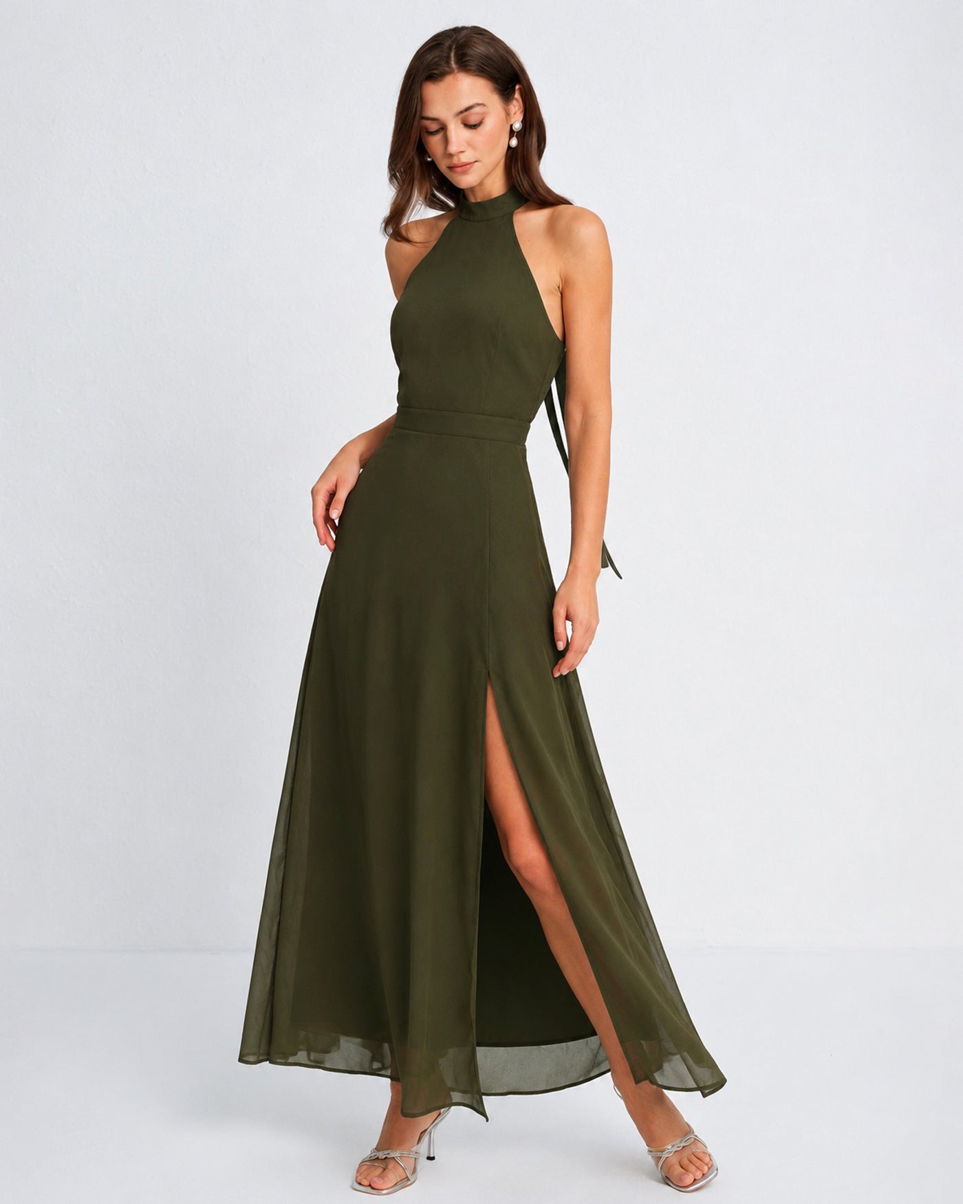 Rihoas Chiffon Mock-Neck Halter Maxi Evening Dress with High Slit and Tie-Backless Design, Green / XL