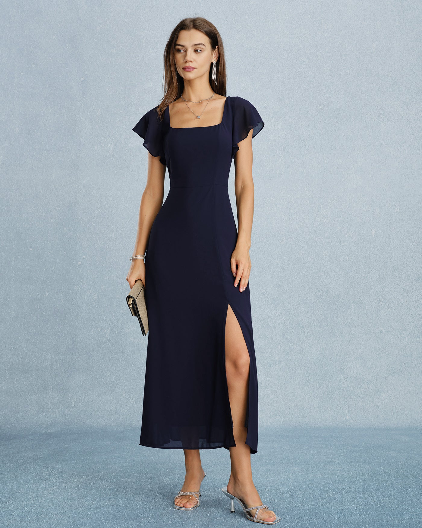 blue square neck dress Navy Square Neck Slit Chiffon Maxi Dress & Reviews - Navy - Dresses