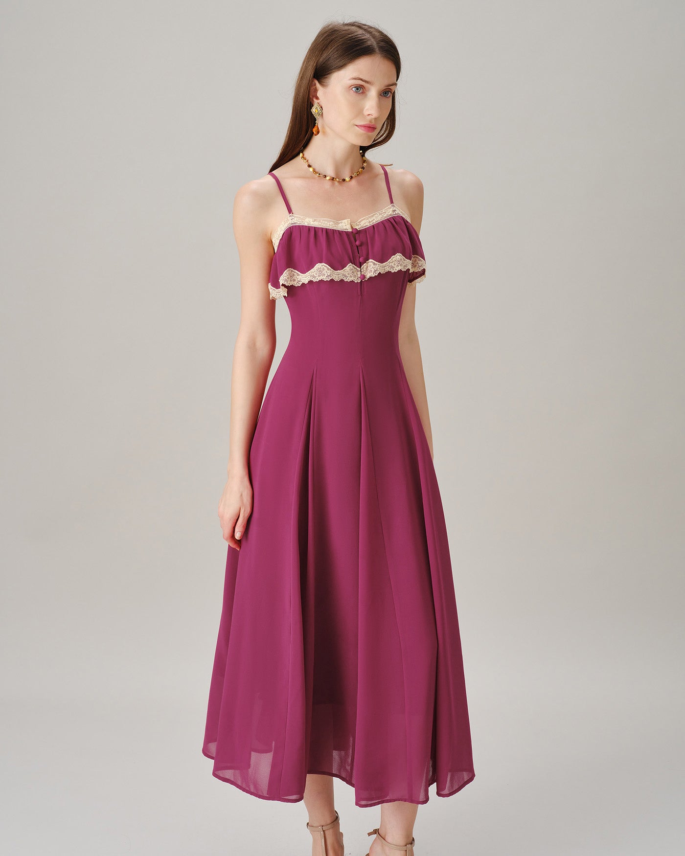 Pink Lace Button Slip Chiffon Maxi Dress & Reviews - Pink - Dresses